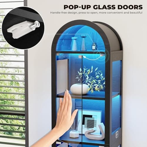 BROTTAR 71" Tall Arched Display Cabinet with Glass Doors, Curio Cabinet with LED Lights for Collectibles, Books, 5-Tier Showcase Glass Display Case with Human Body Sensor for Living Room, Black 6