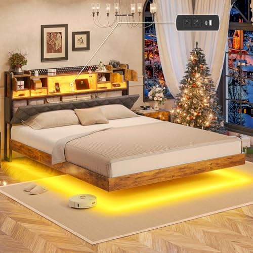 busyaeh California King Floating Bed Frame with LED Lights and Storage Headboard - Heavy Duty Metal Base with 1200 lbs Capacity,Noise-Free,No Box Spring Needed,Integrated Type-C Power Station - Grey