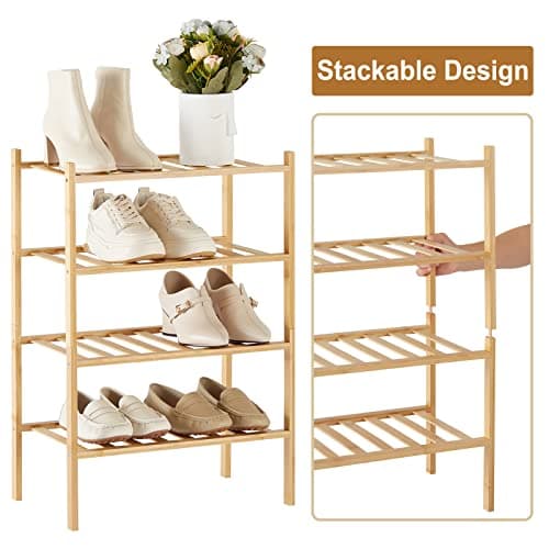 Trenect 4-Tier Narrow Shoe Rack for Entryway Closet - Stackable Organizer Storage, Bamboo Vertical Small Shelf, Free Standing, D11 * W17.7 * H26.2 Inches (Natural) 5