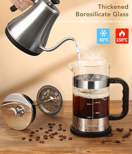 French Press Coffee Maker - 21OZ Classic Glass Coffee Press, Heat-resistant Borosilicate Glass Coffee Pot with 4-Level Disassemble Filters, Portable Cold Brew Coffee Maker for Travel Home Gift(Sliver) 3