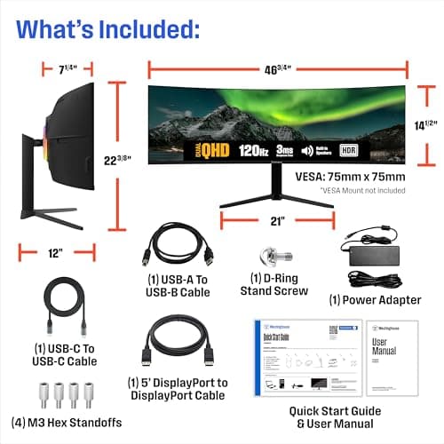 Westinghouse 49 Inch Curved Ultrawide QHD Gaming Monitor, AMD FreeSync Premium, Low Motion Blur, R1800 Curve, 5120x1440, for PC Games with Built in Speakers, 2X DisplayPort, 2X HDMI, USB C 5