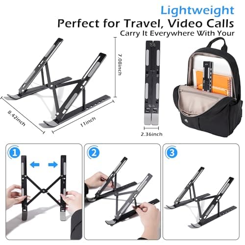 Banlangen Laptop Stand for Desk - Aluminum Adjustable Foldable Portable Laptop Riser，Ergonomic Laptop Holder,Ventilated Cooling Computer Stand for 10 13 14 15 15.6 17 Inch Laptops, Tablets-Black 5