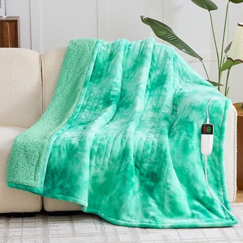 greenoak Heated Electric Blanket Throw, Faux Fur Sherpa Heating Blanket for Sofa Bed, Warm Winter Gifts for Women/Her, Heater Lap Blankets 5-Position Timer &10 Heating Levels 50''*60" Aqua