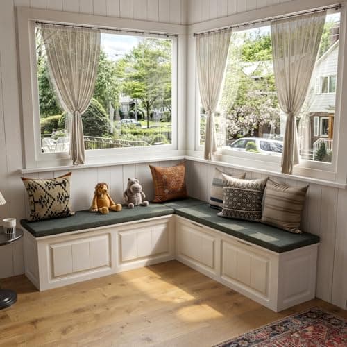TAMUNE L Shape Storage Bench, Kitchen Breakfast Nook Bench, Backless Corner Bench Nook with Storage, Shoe Benches with Cushion for Entryway Cloakroom, White and Grey, 63”D x 63”W x 18.3”H