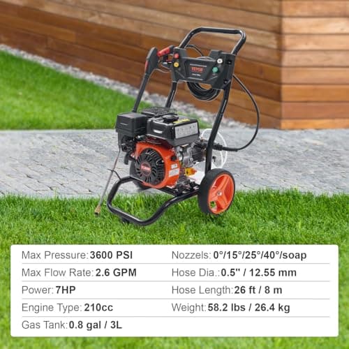 VEVOR Gas Pressure Washer, 3600 PSI 2.6 GPM, Gas Powered Pressure Washer with Copper Pump, Spray Gun and Extension Wand, 5 Quick Connect Nozzles, for Cleaning Cars, Homes, Driveways, Patios 8
