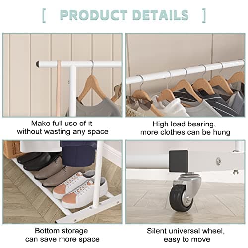Sywhitta Double Rod Clothing Garment Rack, Rolling Clothes Organizer on Wheels for Hanging Clothes, Easy to Assemble, Adjustable, White 6
