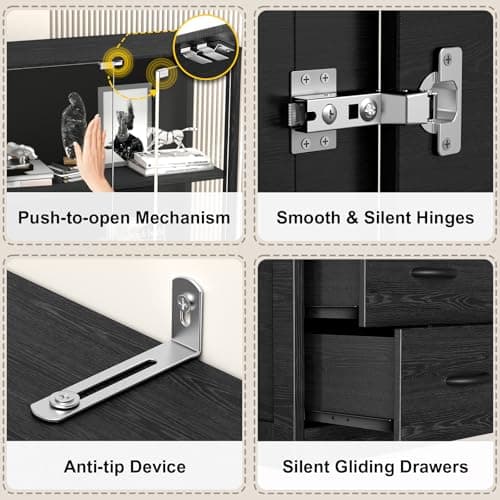 Display Cabinet with Glass Doors, 4-Tier Display Case with 3-Color Lights & Human Body Sensor, Storage Cabinets with 3 Shelves & 2 Drawers for Collectibles/Living/Dining/Game Room, Black Oak 7