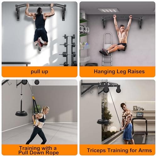 HWOOUSA Wall Mounted Pull Up Bar With Pulley System, 600lbs Heavy Duty Chin Up Bar, 48" Multi Grip Pullup Bar, for Garage Indoor Basement Workout Strength Training Equipment, Ease Of Use Mounting 8