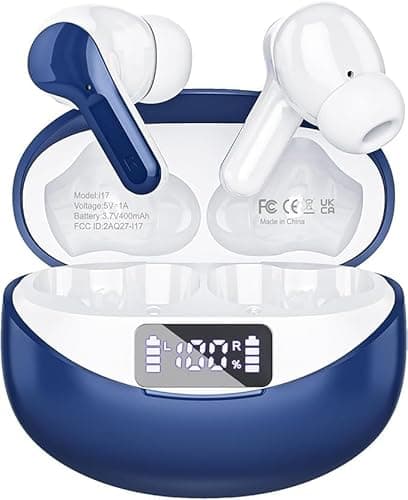 Fhumsh Wireless Earbuds, 50H Playback LED Digital Display Ear Buds with Bluetooth 5.3 Headset, IPX7 Waterproof Earphones for Running/Workout Blue