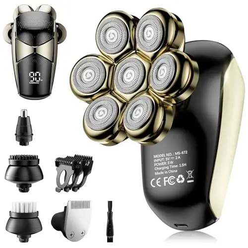 Detachable Head Shavers, SHPAVVER 5 in 1 Electric Razor IPX7 Waterproof for Bald Men, Wet Dry LED Display Rechargeable 7D Rotary Shaver Grooming Kit with Type C Charge A