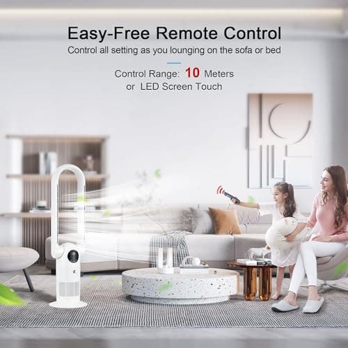 OceanLoong Bladeless Tower Fan and Air Purifier in one, 90° Oscillating Bladeless Fan with Remote,Tilt Head,Timer for Bedroom, 39Inch AC68P White 7