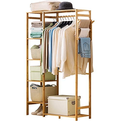 Ufine Bamboo Garment Rack 6 Tier Storage Shelves Clothes Hanging Stand with Side Hooks, Heavy Duty Clothing Rack Portable Wardrobe Closet Organizer