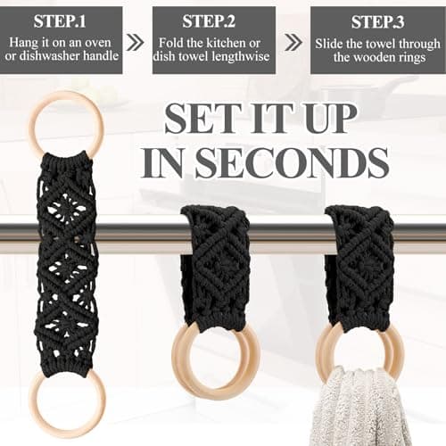 Tioncy 4 Pcs Kitchen Dish Towel Holder Mother's Day Gifts Boho Handmade Crochet Hanging Towels Loop Ring Knit Towel Hanger for Cabinet House Oven Stove Door, 4 Colors(Gray) 5