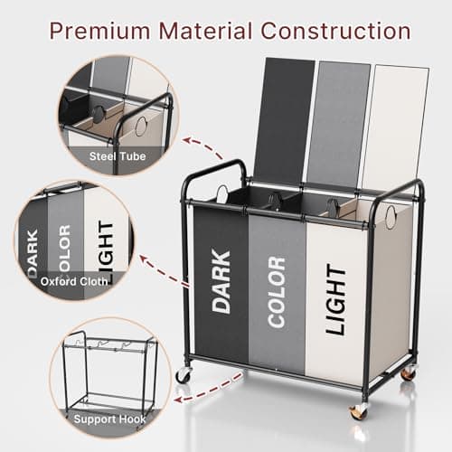3-Compartment Laundry Cart with Lockable Wheels & Lid 180L Large Wheeled Laundry Basket Heavy-Duty Sorting Organizer for Laundry Room (Multicolor) 7