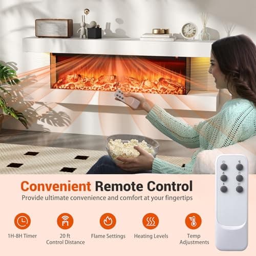 ORALNER 36-Inch Wall Mount Electric Fireplace with 50-Inch Floating Mantel, Remote, 3 Sided Electric Fireplace, 12 Adjustable Color Effect, 1500W Heater, White (50-INCH) 5