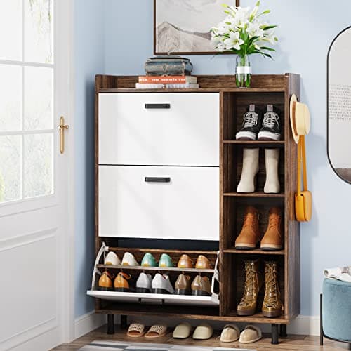 Tribesigns Shoe Cabinet, Flip Drawers Shoe Storage Cabinet for Entryway with 3 Flip Drawers and 5 Shelves, Freestanding Shoes Cabinet for Closet, Living Room, Bedroom, Brown & White