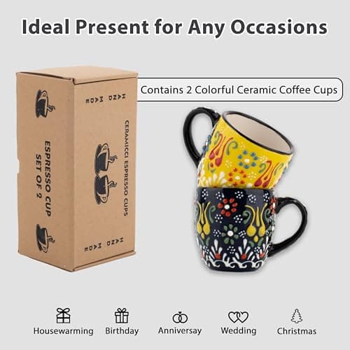 Espresso Cups Set of 2 | 4 oz Small Espresso Cups | Turkish Tea Cups | Demitasse Mugs with Handle | Modern Stackable Ceramic Espresso Mugs Set (Yellow/NavyBlue) 6