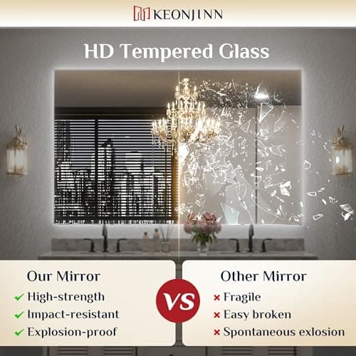 Keonjinn 24 x 36 Inch Backlit Mirror for Bathroom, Anti-Fog Led Mirror, CRI90+ HD Tempered Glass, Stepless Dimmable Lighted Mirror, High Lumen, UL Listed, Waterproof, Horizontal/Vertical 7