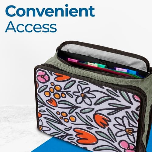 Case-it Mighty Zip Tab School Zipper Binder | 3-Inch O-Rings, 600-Sheet Capacity, 5-Subject Expanding File Folder, Multiple Pockets & Storage Organizer, Shoulder Strap | D-146 Fun Flowers 6