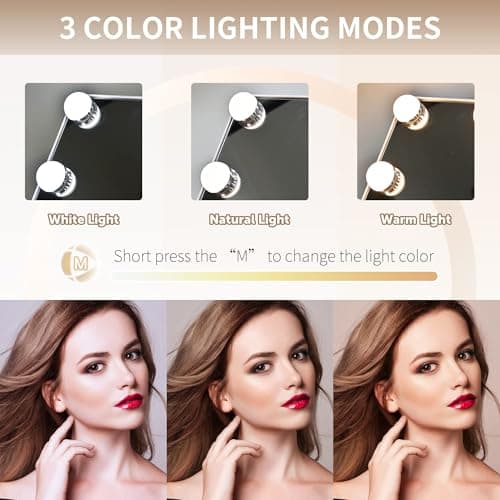 SLIMOON Hollywood Vanity Mirror with Lights, 15 Dimmable LED Bulbs 3 Color Lighted Makeup Mirror with Detachable 10X Magnification Mirror, Tabletop or Wall-Mounted, Touch Control 6