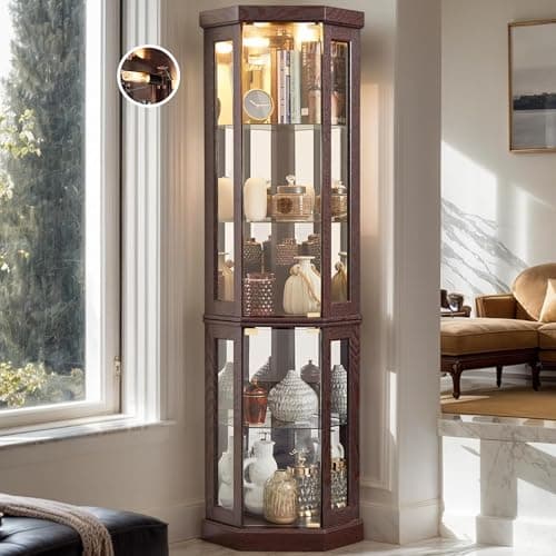Eyisean 70" Lighted Corner Curio Cabinet, Wood China Display Case with Tempered Glass Doors & Adjustable Shelves, Light Bulb Included, Tall Wine Storage Rack for Bar and Liquor Storage (Dark Cherry)