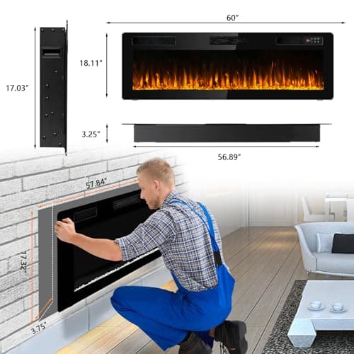 BOSSIN 60 inch Ultra-Thin Silence Linear Electric Fireplace, Recessed Wall Mounted Fireplace, Fit for 2 x 4 and 2 x 6 Stud, 12 Adjustable Flame Color & Speed,Touch Screen Remote Control with 8h Timer 6
