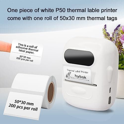 HYBSK Bluetooth Thermal Printer with Label, P50 Portable Barcode Label Maker Machine for Retail,Small Business, Office,Compatible with iPhone/Android (White) 7