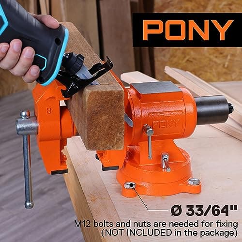 PONY Heavy Duty Bench Vise, 5-inch Jaw Width and Opening, 360-Degree Swivel Base With Anvil, Utility Combination Pipe Home Vise for Woodworking, One-Pair Vise Jaw Pad Included 7