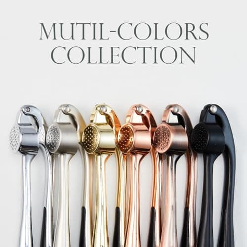 Kitessensu High Effective Premium Garlic Press Set, With Silicone Garlic Peeler & Brush, Heavy Duty Garlic Mincer, Easy to Squeeze and Clean, Rust Proof & Dishwasher Safe - Bronze 9