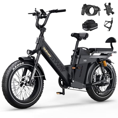 TESWAY 52V&48V 2000W Single Motor Ebike 200Miles Longest Range Electric Bike for Adults, 20" Fat Tire Full Suspension E Bike 2 Seaters for Off-Road,Commute,Travel (Black, 48, Volts)