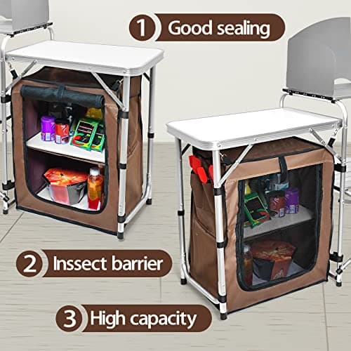 CampLand Folding Camping Kitchen Table with Windscreen,Portable Outdoor Cooking Station with Storage Cabinet & Side Tables Heavy Duty Camp Cook Station for Camping & BBQ（White） 6