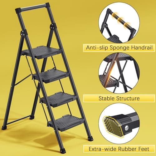 KINGRACK Step Ladder 4 Step Folding, 900lbs 4 Step Ladder with Anti-Slip Wide Pedal and Handrails, Lightwight Household Ladder, Pass 900LBS Testing, for Your Kitchen, Pantry, Closets, Office Use 6