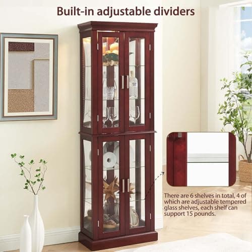 Firscook Cherry Wooden Display Cabinet with Lighted Glass Shelves, Vintage Accent Storage with 6 Adjustable Shelves, 70" Curio Cabinet 5