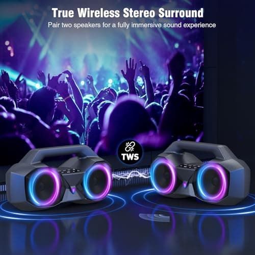 KMAG Bluetooth Speaker Wireless, 80W Loud Speaker with Deeper Bass, IPX7 Waterproof, 20H Playtime, Cool Lights, TWS, Portable Speaker for Home, Outdoor, Workshop, Party, Gift for All(Gray) 6