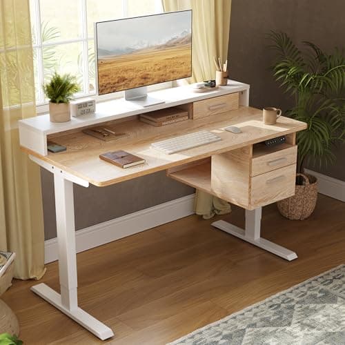 FEZIBO Standing Desk with Wood Drawers, 48" x 24" Electric Height Adjustable Table with Monitor Shelf, 3 Drawers and Open Storage, Computer Home Office Sit and Stand up Workstation, Maple