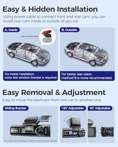 AZDOME M550 Max 4K 3 Channel Dash Cam, Dual STARVIS Sensors, 4K+2.5K+1080P Front and Rear Inside Triple Car Camera, Built-in WiFi GPS, 64GB Card Included, IR Night Vision (M550 Max) 8