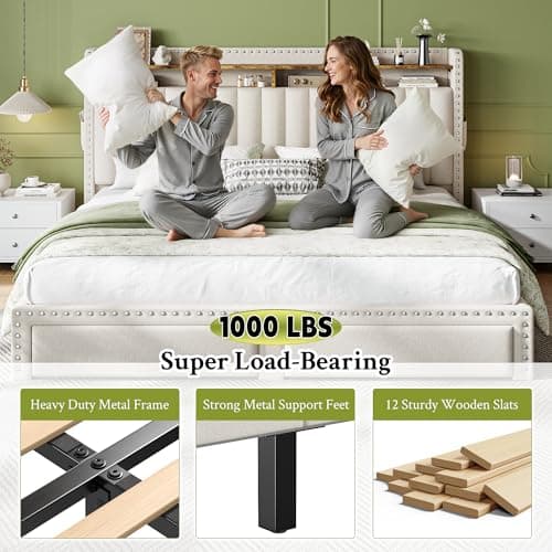 EnHomee King Size Bed Frame with 2 Storage Drawers & Upholstered Headboard,No Box Spring Needed, Easy Assembly, Noise Free, Beige 9