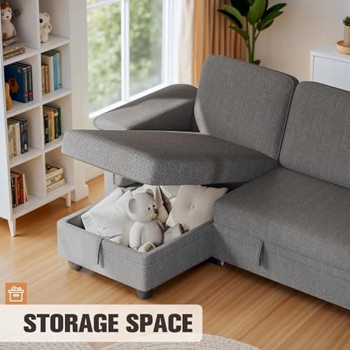 Homall Sleeper Sofa, Pull Out Sofa Couch Bed with Storage Reversible Chaise, L-Shaped Sofas with Side Pocket for Living Room, Small Space (Linen Fabric, Dark Grey) 5