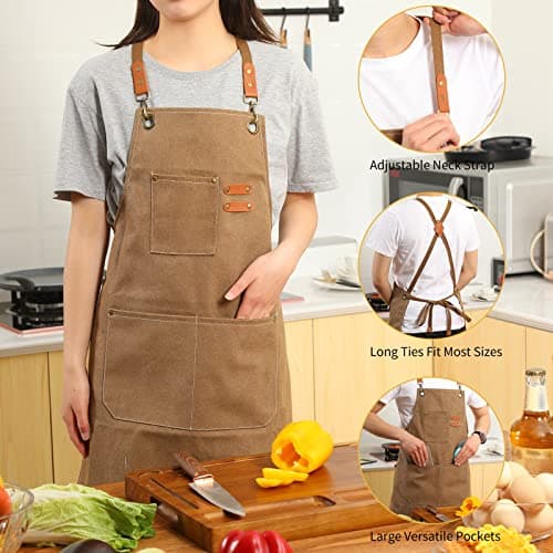 Tosewever Canvas Cross Back Chef Apron for Men Women with Adjustable Straps Large Pockets, Waterdrop Kitchen Heavy Duty Cotton Aprons for Tool Cooking BBQ Artist, M to XXL (Cappuccino Brown) 5