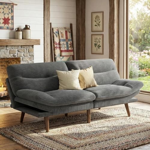 Marsail Futon Sofa Bed, 66” Futon Couch with Adjustable Backrest & Armrests, Convertible Small Sleeper Sofa Bed for Small Apartments, Study Room, Office, Corduroy Loveseat, Charcoal Gray