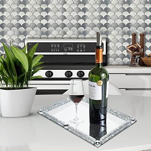 YCWF Mirror Perfume Tray for Dresser,Crushed Diamond Filled Glass Vanity Tray,Decorative Bathroom Tray,Crystal Tray for Home Decorative,Party,Hotel Banquet,11.8"x 7.9"x1.2",Silver 6