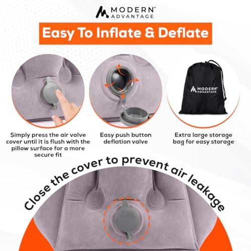 Modern Advantage Inflatable Travel Pillow with Adjustable Extra Bottom Support Neck Pillow for Chin & Head Stability Prevents Neck Pain Plane Pillow for Long Flight Travel - Eye Mask & Earplugs - Grey 7