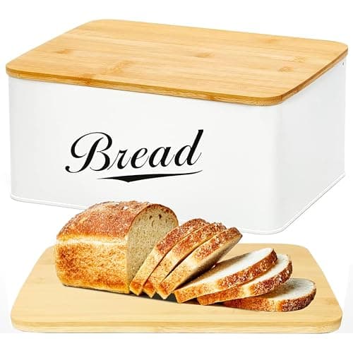 RoyalHouse Modern Metal Bread Box with Bamboo Cutting Board Lid, Bread Storage Container for Kitchen Counter, Vintage Kitchen Decor Organizer