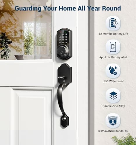 Veise VE06-H Smart Front Door Lock Set, App Control, Keyless Entry Deadbolt with Lever Handle, Electronic Digital Touchscreen Keypad, Auto Lock, Easy Install, Matte Black 6