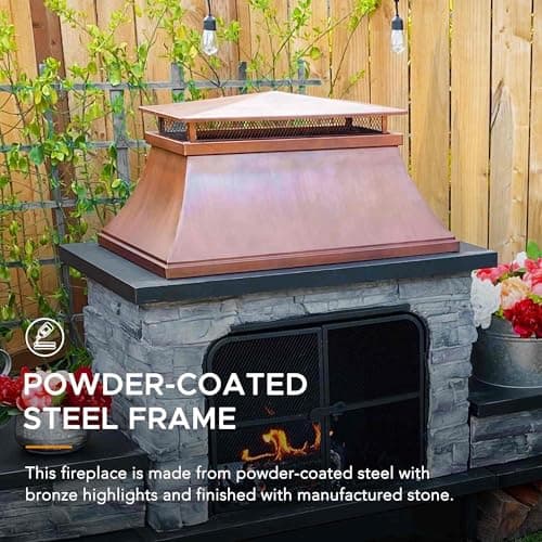 Sunjoy Outdoor Fireplace, Patio Wood Burning Fireplace with Steel Chimney, Mesh Spark Screen Doors, Fire Poker, and Removable Grate, Copper and Black 6