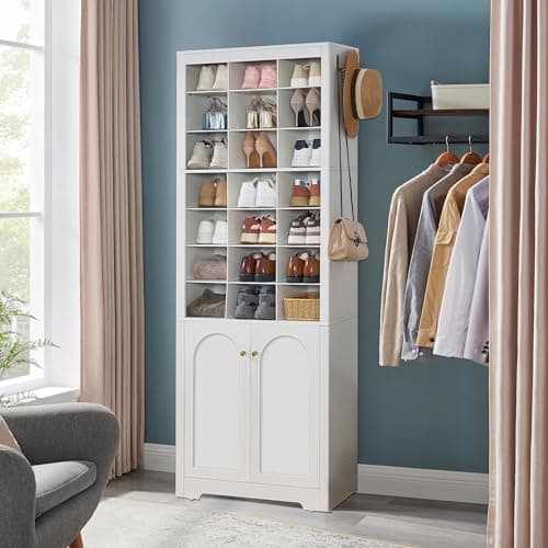 Hzuaneri Shoe Storage Cabinet with Doors, 30 Pairs Free Standing Closet Organizer, 8.8" Widened Cell Wood Shoe Organizer, 10 Tiers Space Saving Vertical Shoe Rack for Entryway, Bedroom, White SR18903X