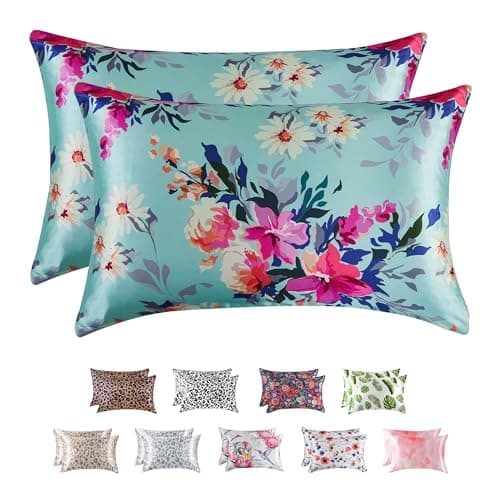 MR&HM Satin Pillowcase for Hair and Skin, Silk Satin Pillowcase 2 Pack, Queen Size Pillow Cases Set of 2, Silky Pillow Cover with Envelope Closure (20x30, Floral Green)