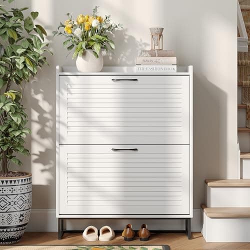 Maupvit Shoe Storage Cabinet with 2 Flip Louvered Doors, Freestanding Organizer with Metal Legs, Shoe Cabinet for Entryway, Narrow Shoe Rack Cabinet, White 8
