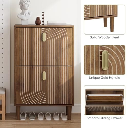 Smuxee Shoe Cabinet with 2 Flip Drawers, 23.6" Walnut Hidden Shoe Storage Cabinet with Line Groove Design, Freestanding Shoe Organizer Cabinet for Entryway, Hallway, Living Room 5