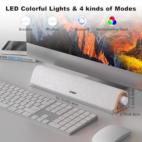 SOULION R50 Bluetooth Computer Speakers, USB Powered Pc Speakers for Desktop Monitor, 3.5mm Wired & Colorful LED Lights, Surround Sound Soundbar for Computer Laptop, White 5